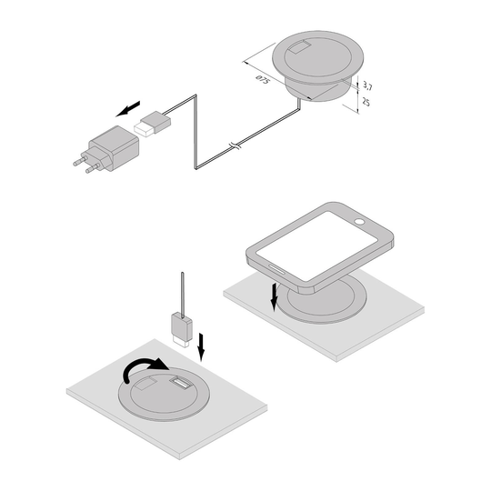 Latauspistoke, pyöreä, musta, Qi ja 1x USB