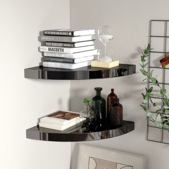 vidaXL Kelluvat kulmahyllyt 2 kpl korkeakiilto musta 35x35x3,8 cm MDF