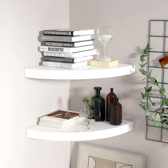 vidaXL Kelluvat kulmahyllyt 2 kpl korkeakiilto valk. 35x35x3,8 cm MDF