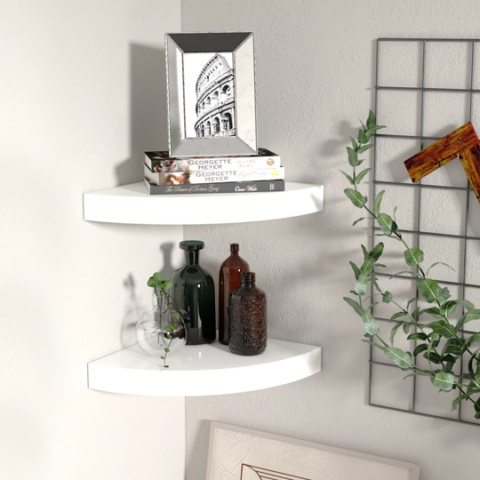 vidaXL Kelluvat kulmahyllyt 2 kpl korkeakiilto valk. 25x25x3,8 cm MDF
