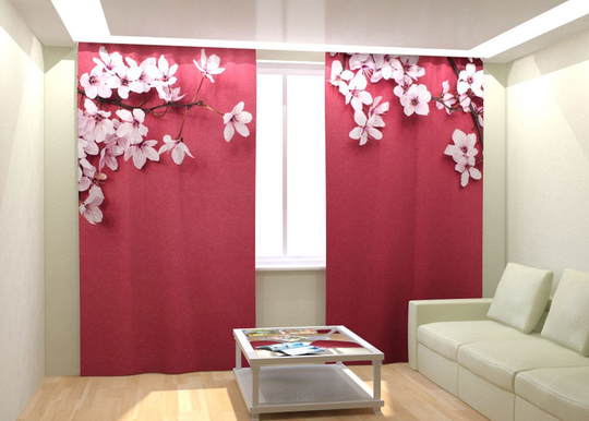 Kuvaverhot CHERRY FLOWERS AND RED 300x260 cm