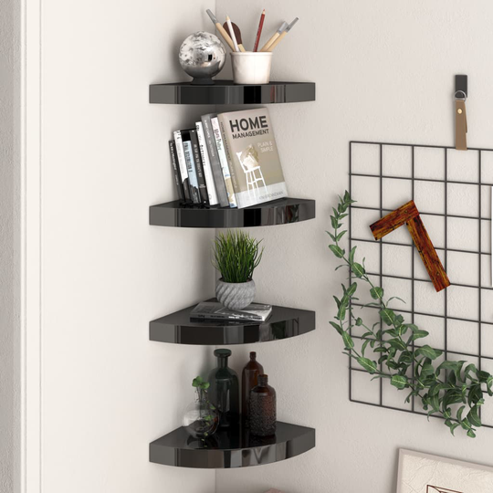 vidaXL Kelluvat kulmahyllyt 4 kpl korkeakiilto musta 25x25x3,8 cm MDF