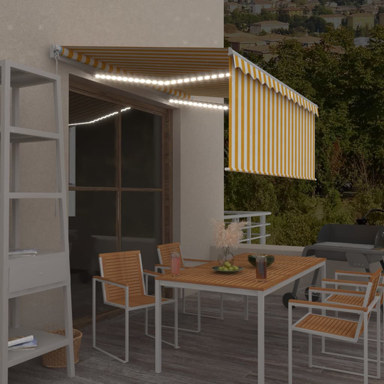 vidaXL Käsin sisäänkelattava markiisi verhot/LED 3,5x2,5 m keltavalk.