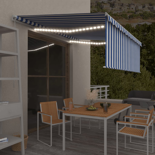 vidaXL Manuaalisesti kelattava markiisi verho/LED 4x3 m sinivalkoinen