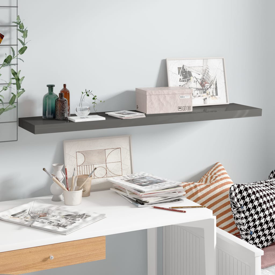 vidaXL Kelluva seinähylly korkeakiilto harmaa 120x23,5x3,8 cm MDF
