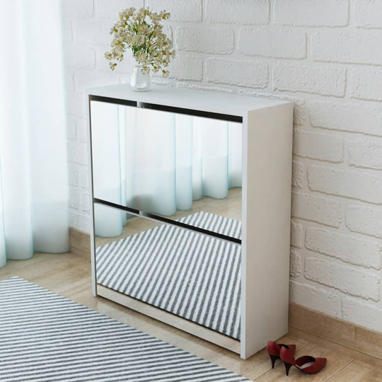 vidaXL Kenkäkaappi 2 kerrosta ja peilit Valkoinen 63x17x67 cm