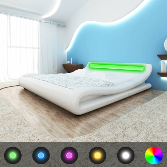 Keinonahkasänky LED-valonauhalla valkoinen 140 cm patja mukana