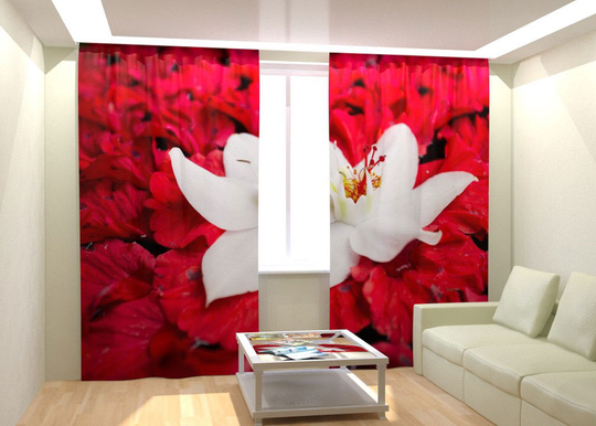Kuvaverhot WHITE FLOWER ON RED 300x260 cm