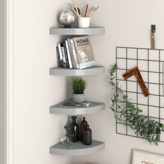 vidaXL Kelluvat kulmahyllyt 4 kpl harmaa 25x25x3,8 cm MDF
