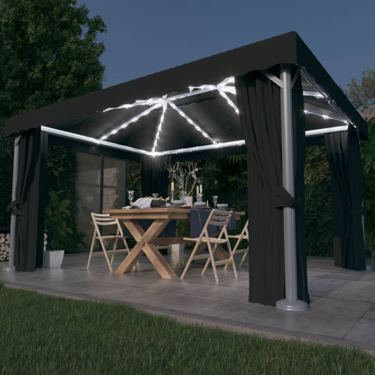 vidaXL Huvimaja verhoilla ja LED-valonauhoilla 4x3 m antrasiitti
