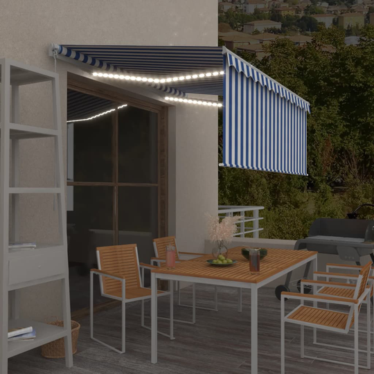vidaXL Käsin sisäänkelattava markiisi verho/LED 3,5x2,5 m sinivalk.