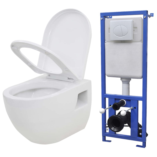 vidaXL Seinään kiinnitettävä WC ja piilotettu säiliö keramia valkoinen