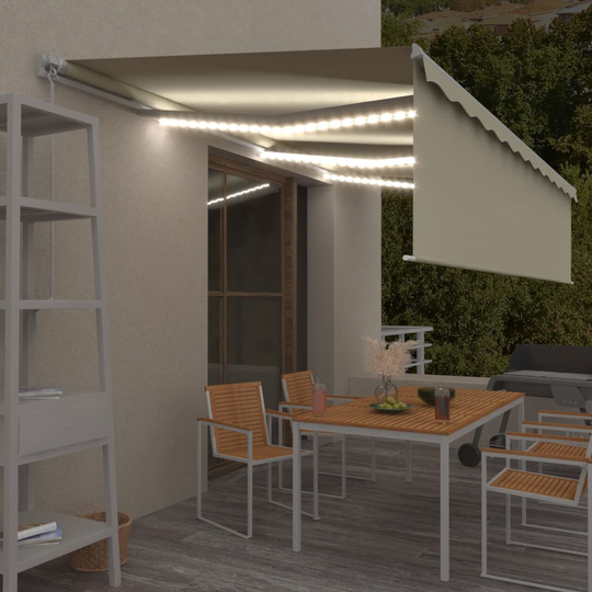 vidaXL Käsin sisäänkelattava markiisi verhot/LED 6x3 m kerma