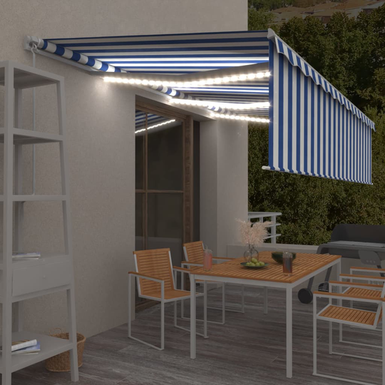 vidaXL Käsin sisäänkelattava markiisi verhot/LED 6x3 m sinivalkoinen