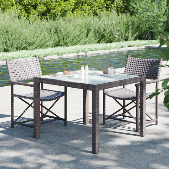 vidaXL Puutarhapöytä 90x90x75 cm karkaistu lasi ja polyrottinki ruskea