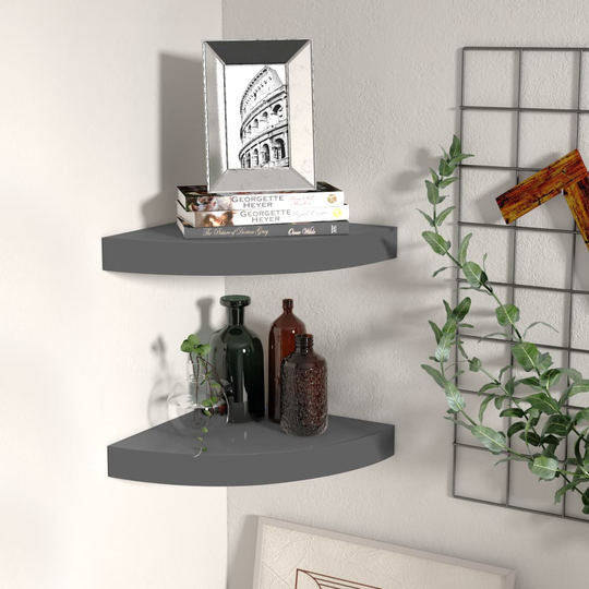 vidaXL Kelluvat kulmahyllyt 2 kpl korkeakiilto harmaa 25x25x3,8 cm MDF