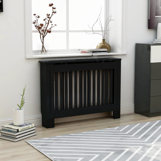 vidaXL Lämpöpatterin suoja musta 112x19x81 cm MDF