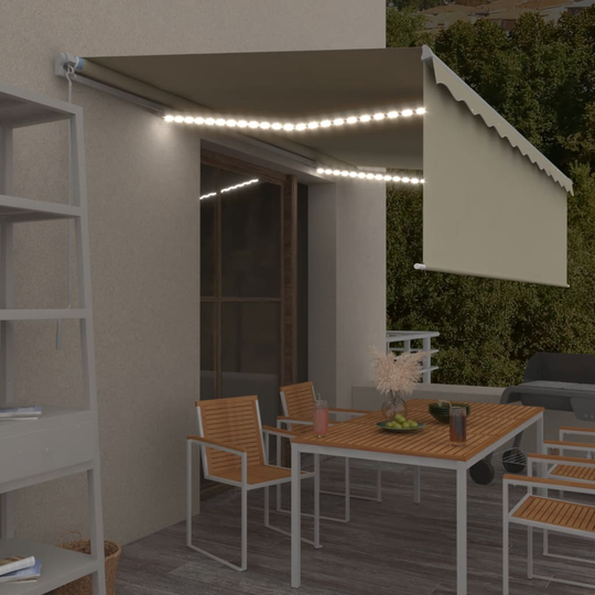 vidaXL Manuaalisesti kelattava markiisi verho/LED 5x3 m kerma