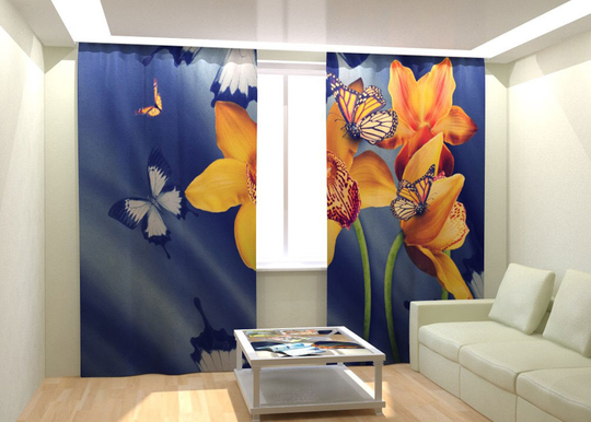 Kuvaverhot YELLOW ORCHIDS AND BUTTERFLIES 300x260 cm