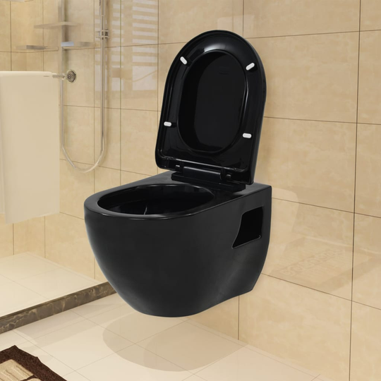 vidaXL Seinään kiinnitettävä WC-istuin keraaminen musta