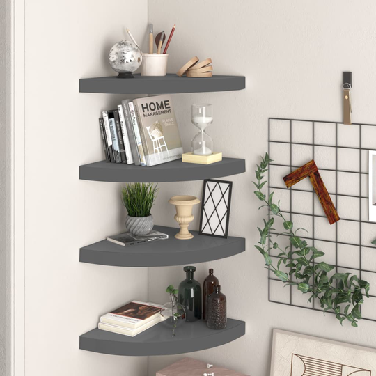 vidaXL Kelluvat kulmahyllyt 4 kpl korkeakiilto harmaa 35x35x3,8 cm MDF