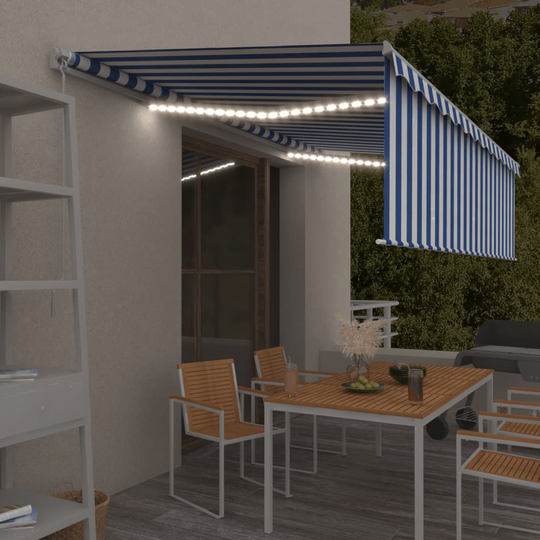 vidaXL Manuaalisesti kelattava markiisi verho/LED 5x3 m sinivalkoinen