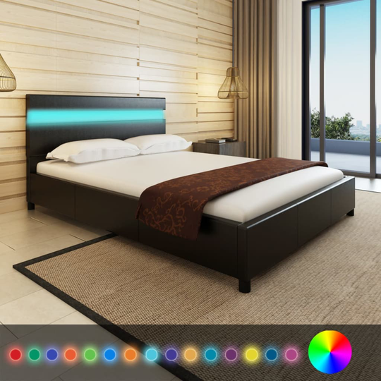 vidaXL Sängynrunko LED-valolla musta keinonahka 135x190 cm