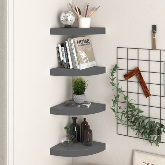 vidaXL Kelluvat kulmahyllyt 4 kpl korkeakiilto harmaa 25x25x3,8 cm MDF
