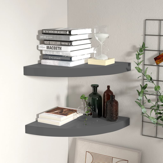 vidaXL Kelluvat kulmahyllyt 2 kpl korkeakiilto harmaa 35x35x3,8 cm MDF
