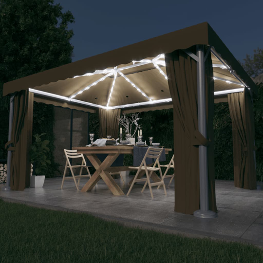 vidaXL Huvimaja verhoilla ja LED-valonauhoilla 4x3 m ruskeanharmaa