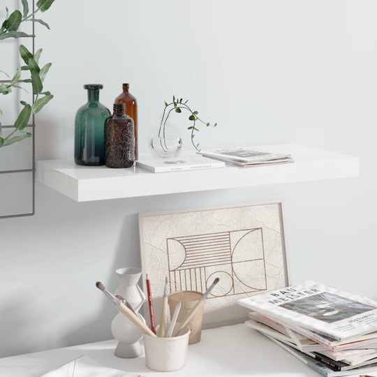 vidaXL Kelluva seinähylly korkeakiilto valkoinen 60x23,5x3,8 cm MDF