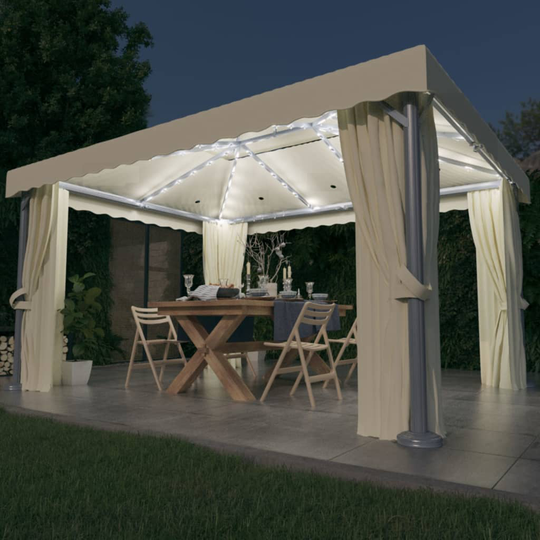 vidaXL Huvimaja verhoilla ja LED-valonauhoilla 4x3 m kermanvalkoinen